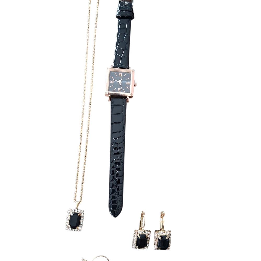 Elegant Black and Gold Women's Watch and Jewelry Set